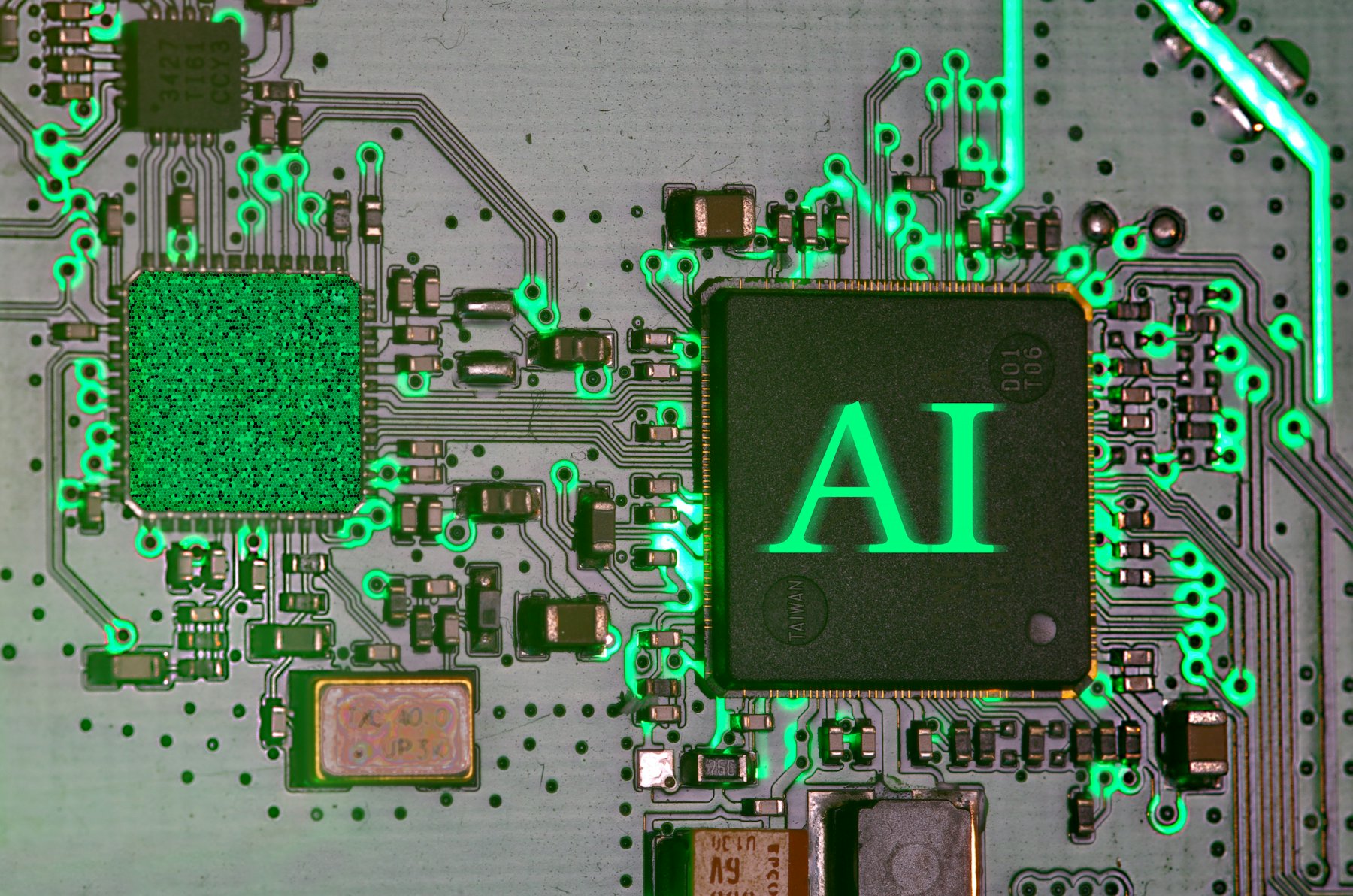 電路板上發光的 AI 晶片